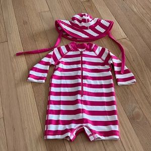 Hanna Andersson pink/white striped baby girls bathing suit with matching hat